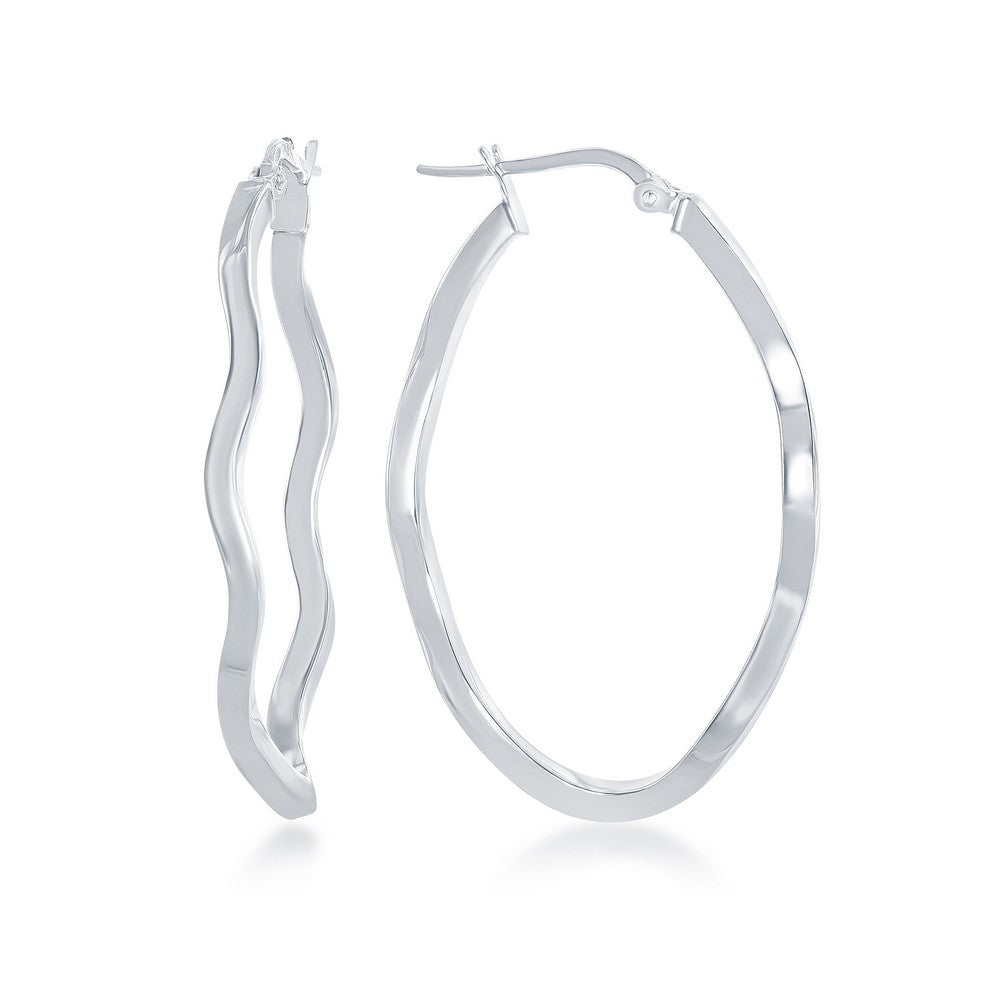 Sterling Silver Wavy Designed Oval Hoop Earrings