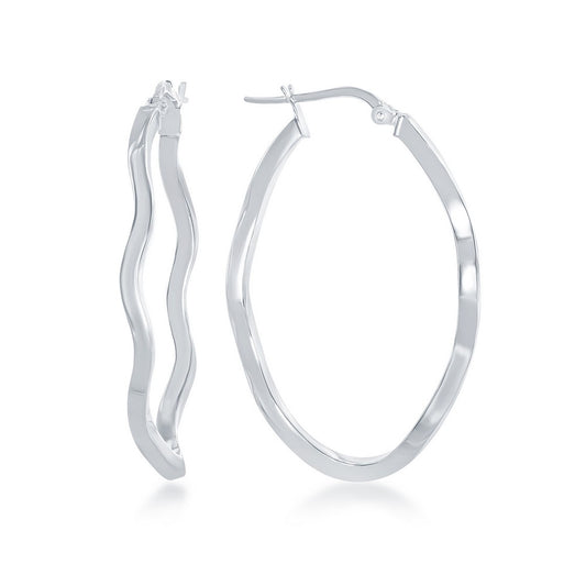 Sterling Silver Wavy Designed Oval Hoop Earrings
