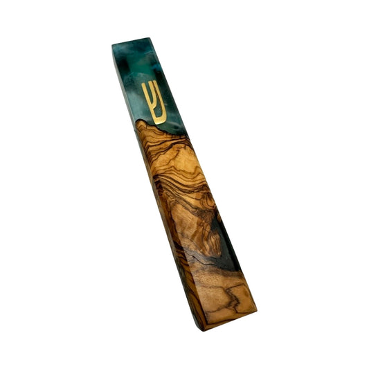 Gold Shin Olive Wood and Resin Mezuzah