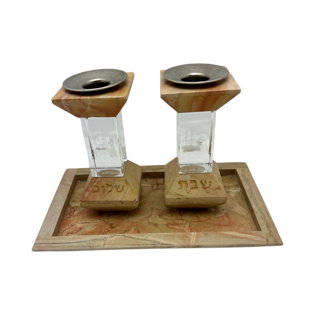 Crystal & Stone Candlesticks with Tray