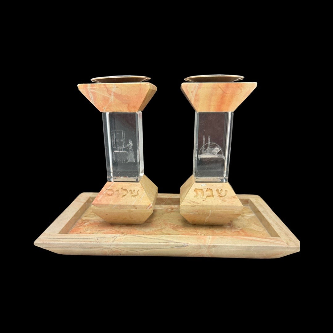 Crystal & Stone Candlesticks with Tray